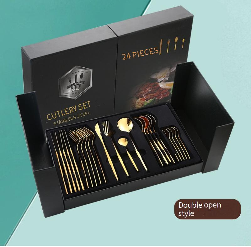 Juego de cubiertos de acero inoxidable de 24 piezas: cuchillos, tenedores y cucharas para carne, en una elegante caja de regalo._voghion.com