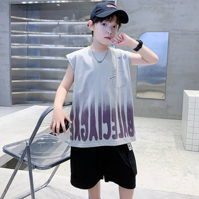Abbigliamento per bambini, abito estivo con gilet e lettere, per bambini di taglia media e grande, due pezzi_voghion.com
