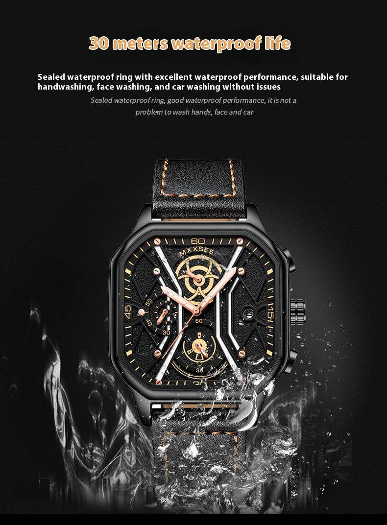 Orologio sportivo al quarzo da uomo con datario, lancette luminose, resistenza all'acqua fino a 30 m, cinturino in pelle, fibbia in acciaio inossidabile, vetro minerale._voghion.com