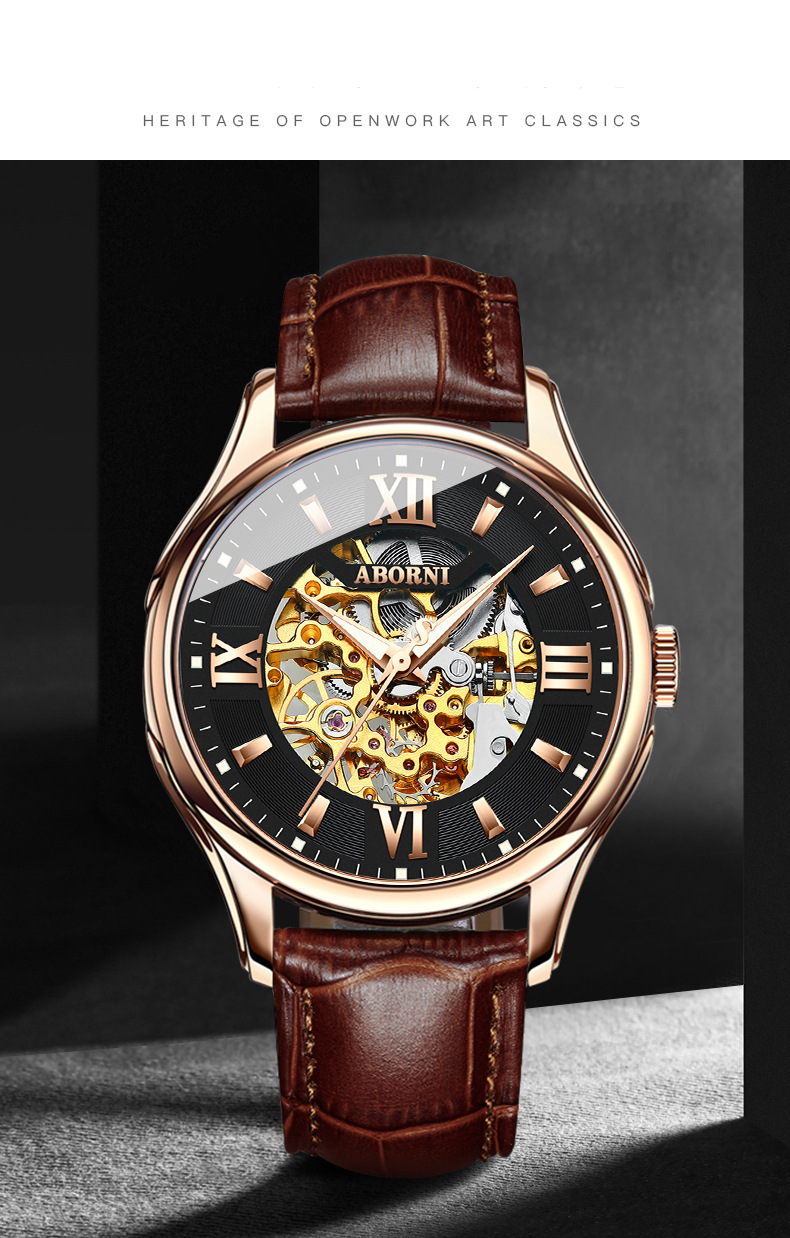 Montre squelette automatique pour homme avec bracelet en cuir, étanche et lumineuse, design ajouré double face, montre mécanique tendance_voghion.com