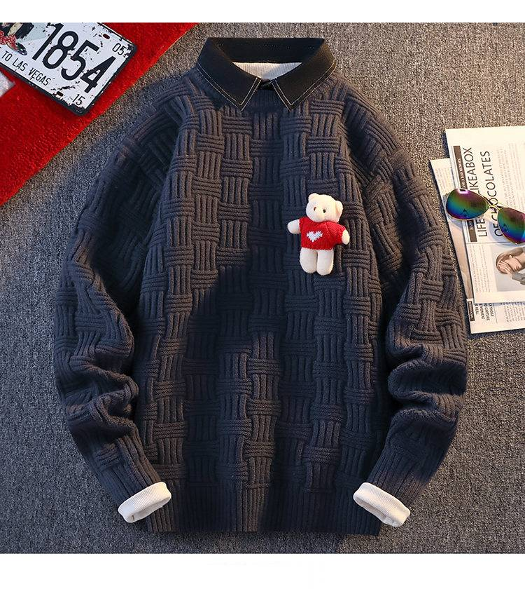 Strickpullover für Herren mit Bärenaufnäher und Hemdkragen – Langarmpullover mit Rundhalsausschnitt für lässige Winterkleidung (mehrere Farben und Größen)_voghion.com