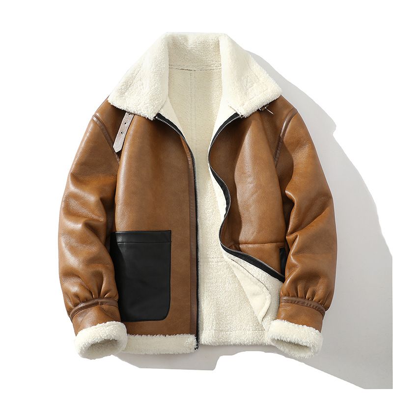 Blouson aviateur d'hiver doublé polaire pour homme avec col en fausse fourrure, coupe-vent et chaud, grande taille disponible en camel et beige_voghion.com
