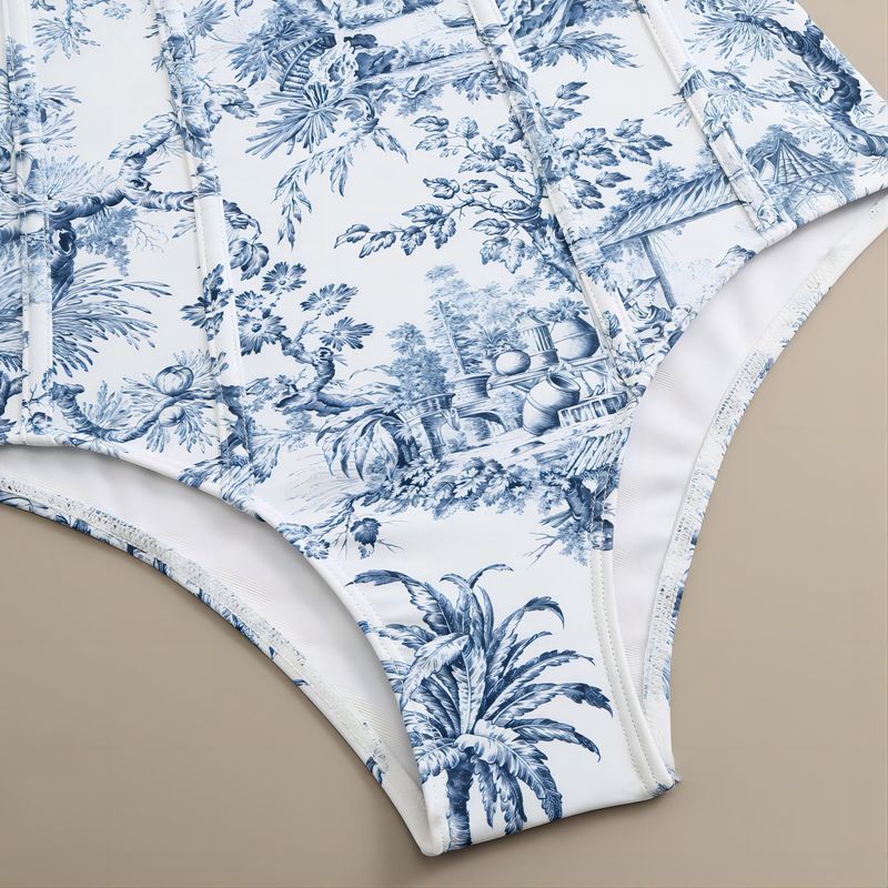 Maillot de bain rétro pour femmes, combinaison imprimée peinture à l'encre, jupe en gaze en mousseline de soie, pour vacances, maillot de bain de beauté_voghion.com