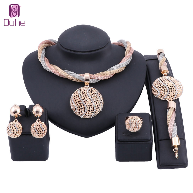 Dubai Gold Bunte Halskette Armband Braut Kristall Schmuck Sets Für Frau Ohrringe Ring Party Geschenke Zubehör_voghion.com