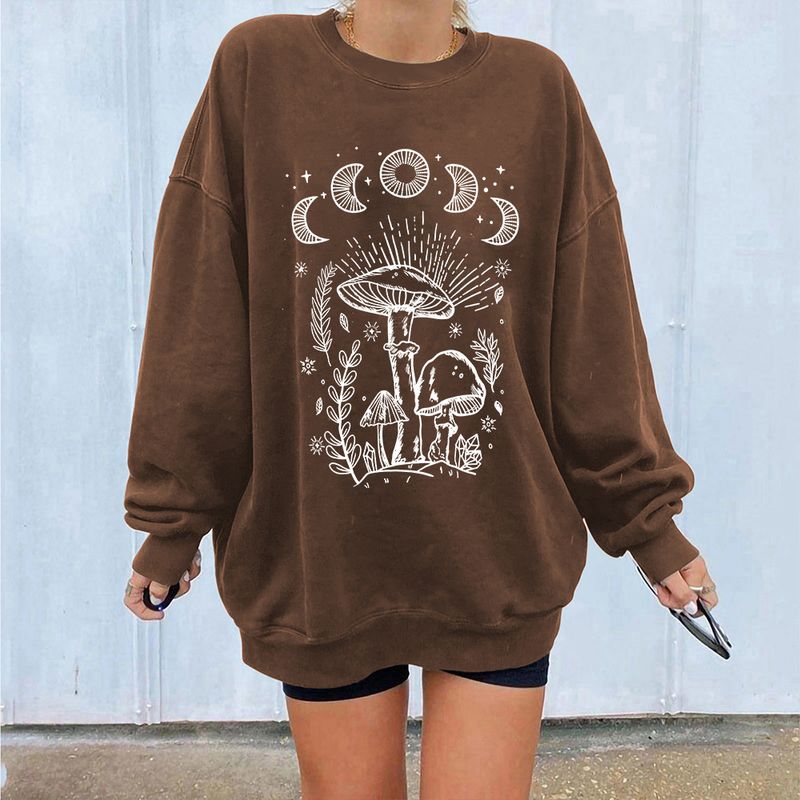 Women's off-the-shoulder long-sleeved sweatshirt mysterious printed fleece top_voghion.com