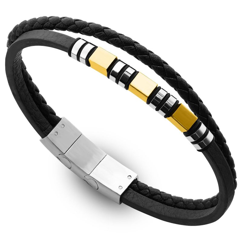 Bracciale commemorativo in pelle con corda rotonda magnetica, fibbia in acciaio inossidabile, anello in silicone a doppio strato da uomo nero_voghion.com