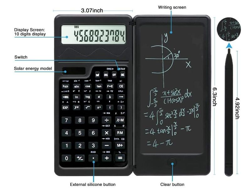 Solar Scientific Calculator With Writing Pad - 2-in-1 Portable Mini Foldable Calculator For Students & Professionals, 12-Digit Display, Dual Power_voghion.com