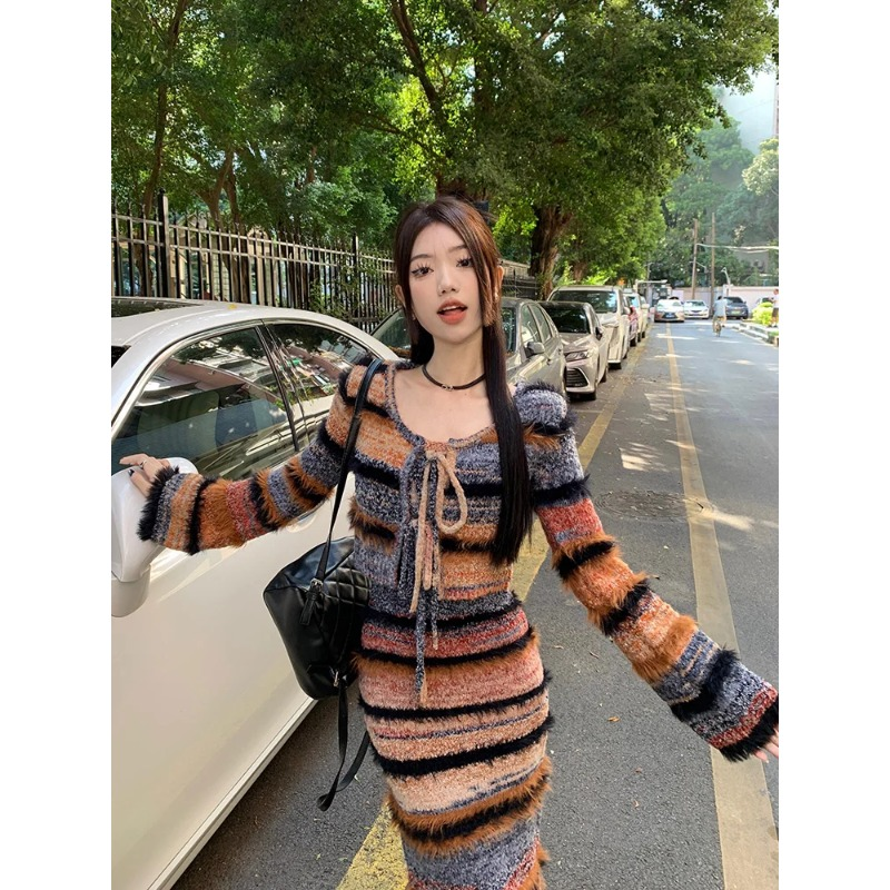 Stile coreano primavera autunno nuovo streetwear sexy cardigan a maniche lunghe da donna a righe in maglia abito a due pezzi_voghion.com