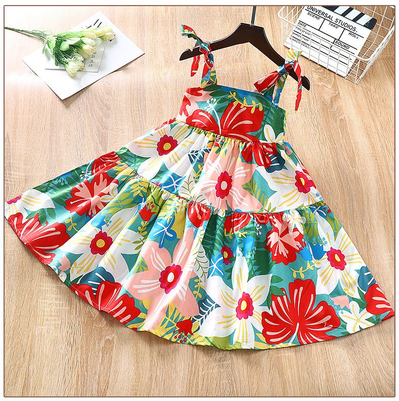 Falda de verano para niñas, nuevo estilo coreano, vestido plisado de moda para niñas de talla mediana y grande, falda de princesa con tirantes florales._voghion.com
