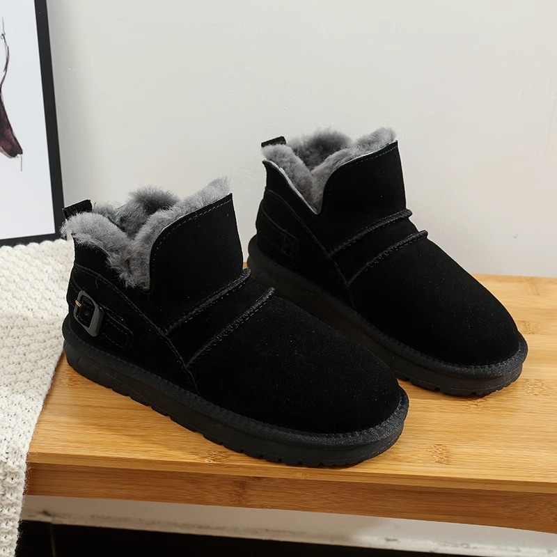 Wasserdichte Schneestiefel Damen kurze Stiefel neue 2023 Winter echtes Leder flache Unterseite kurze Röhre plus samtverdickte Wolle-Baumwoll-Schuhe trendy_voghion.com
