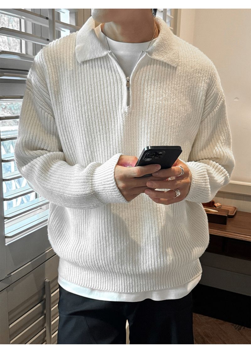 Men's Half-Zip Mock Neck Sweater - Heavyweight Fleece-Like Knit Pullover With Vertical Stripes, Warm Winter Casual Coat_voghion.com