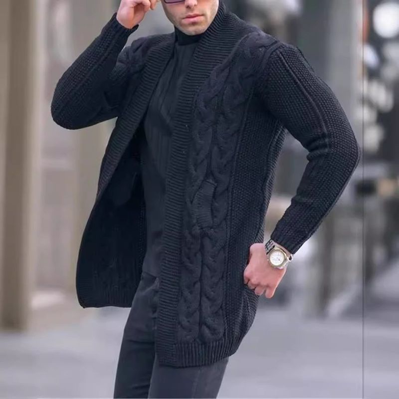 Herren-Strickjacke mit Zopfmuster – Langärmliger Pullover mit offener Vorderseite (S-3XL, Schwarz/Olivgrün/Weiß) | Strukturiertes Acryl-Design für Herbst & Winter_voghion.com