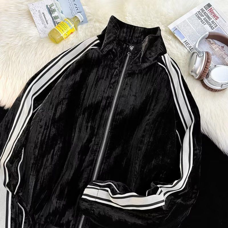 Ropa para hombre Otoño Guapo Suéter de rayas de terciopelo dorado de alta gama Traje deportivo informal de dos piezas para pareja para hombre_voghion.com