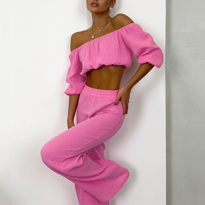 Damen-Knitterstoff aus reiner Baumwolle, einfarbig, kurzärmliges Oberteil mit Kragen, Hose mit hoher Taille und weitem Bein, lässiger Anzug_voghion.com