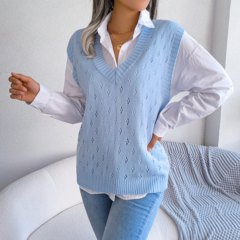 Damenbekleidung Ins Style Real Shot Herbst und Winter lässig hohle Strickweste mit V-Ausschnitt Pullover Damenbekleidung_voghion.com
