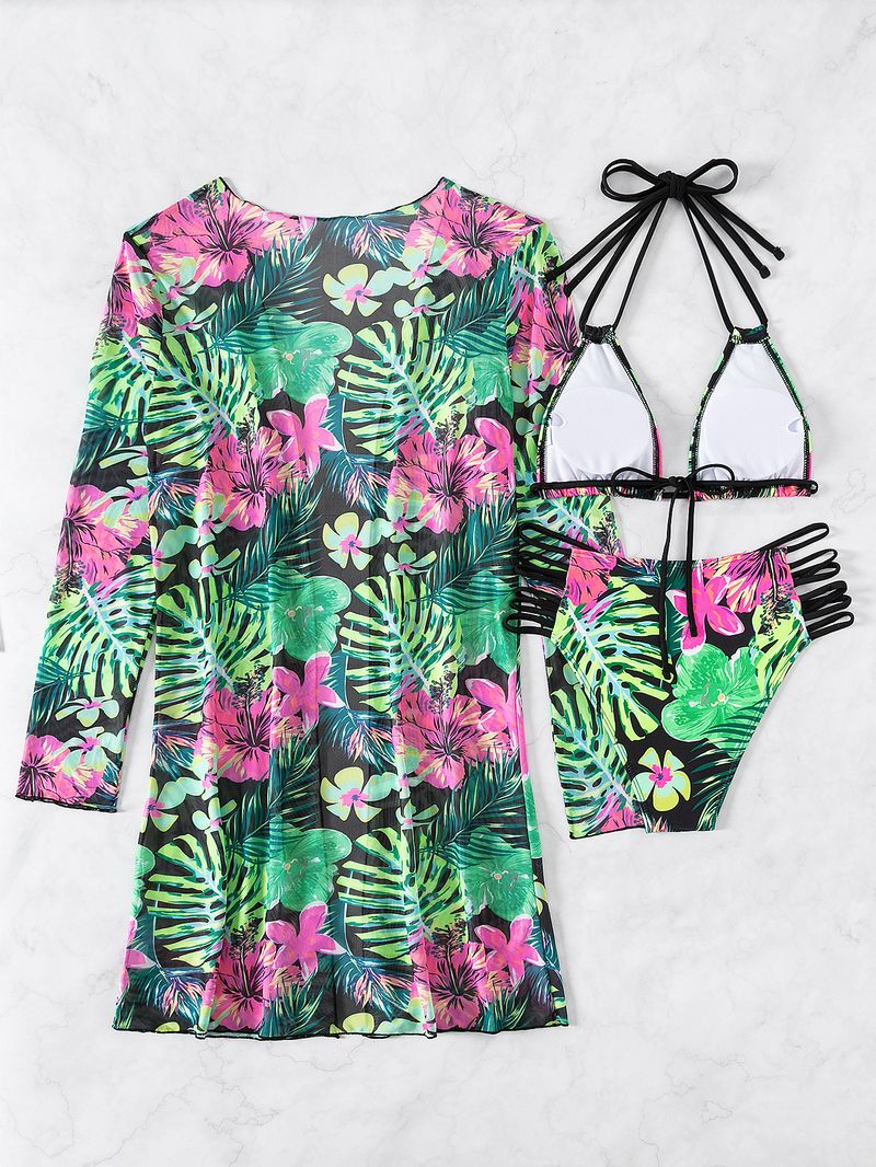 Damenbekleidung Badeanzug Damen Split Dreiteiliger Anzug Internet Celebrity Langarm Bedruckter Bikini Ins Badeanzug_voghion.com