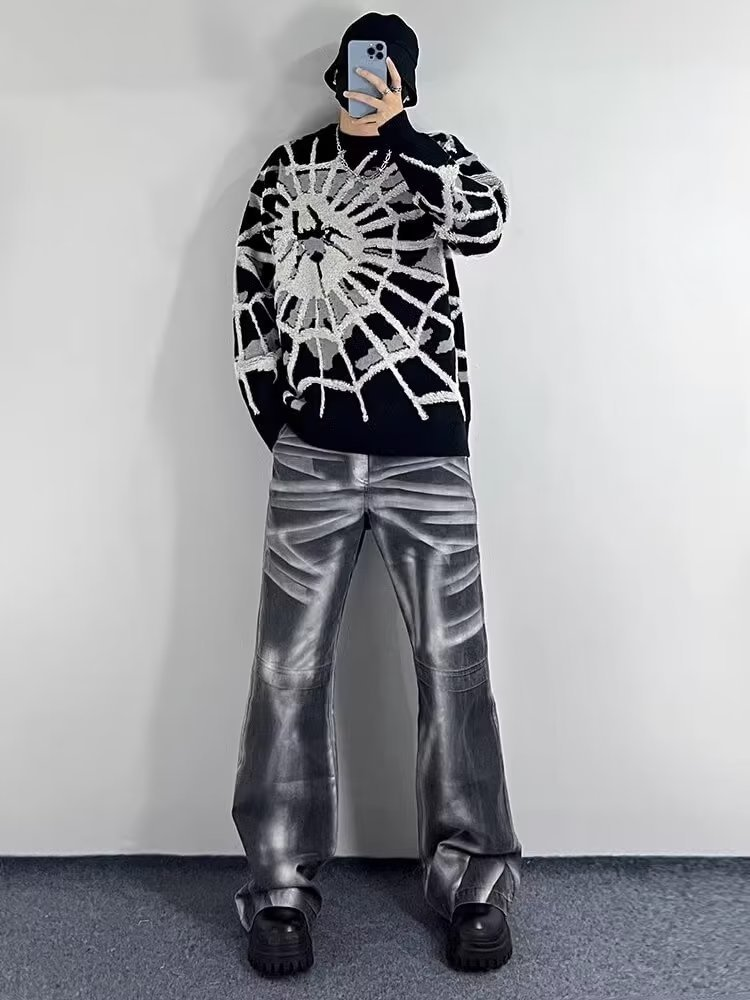 Maglione oversize da uomo con collo rotondo in jacquard ragno, autunno e inverno, design casual_voghion.com