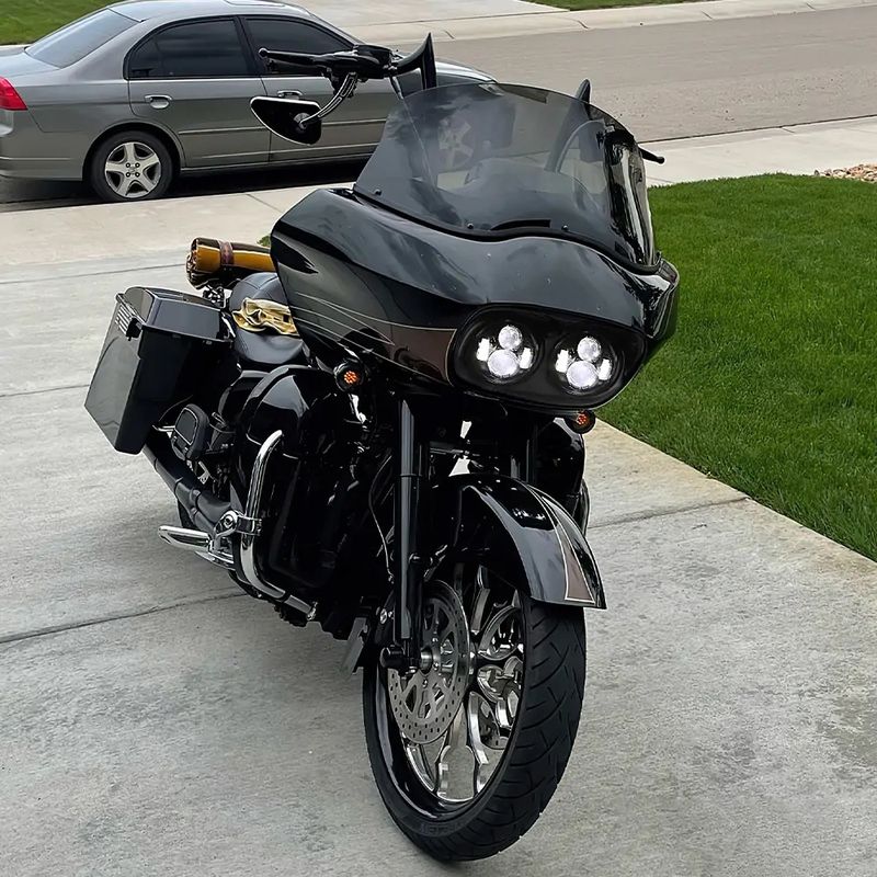 Faro anteriore a doppio LED per motocicletta Harley Road Glide 2004-2013, 6000K IP67 impermeabile con modalità luce abbagliante/anabbagliante super luminosa_voghion.com