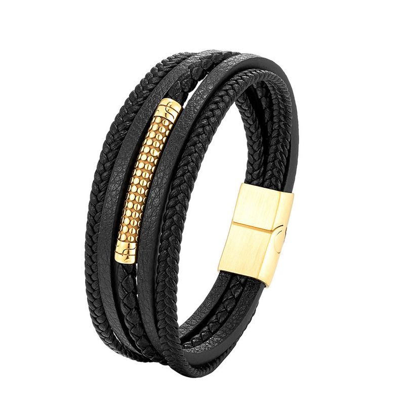 Bracciale multistrato in vera pelle intrecciata a mano, bracciale da uomo in acciaio inossidabile in stile etnico_voghion.com