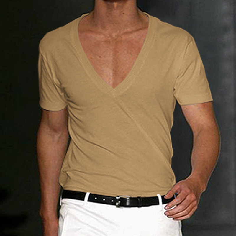 Camiseta deportiva de fitness para hombre, de algodón, para tiempo libre, que absorbe el sudor, de color liso, con escote en V profundo_voghion.com