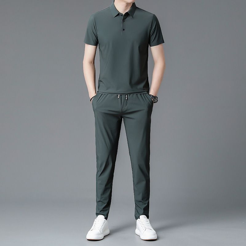 2025 Feel Running Sports Suit For Men Summer Thin Ice Silk Turn-down Collar T-shirt Men's Casual Set_voghion.com