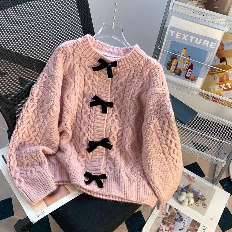 Oversized Cardigan Sweet Bow Tie Wool Sweater Women Autumn New Loose Twist Knit Cardigan Retro Fashion Solid Knitwear Coat_voghion.com