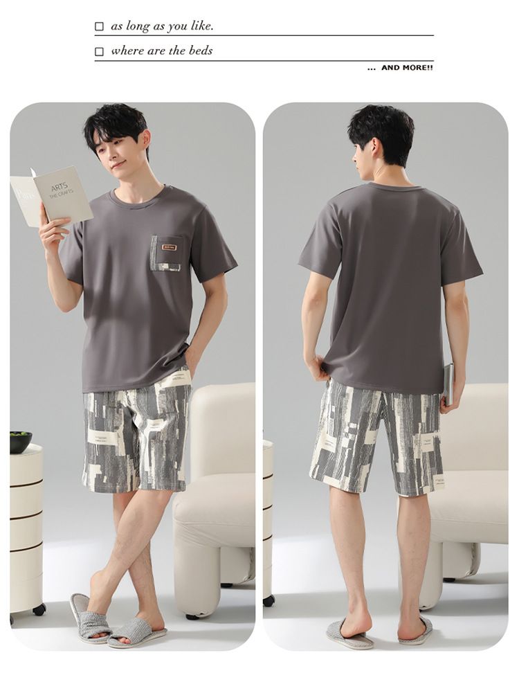 Sommerpyjama Herren Reine Baumwolle Dünn Schlichte Lässige Oberbekleidung Rundhals Pullover Kurzarm Shorts Baumwolle Heimkleidung Set_voghion.com
