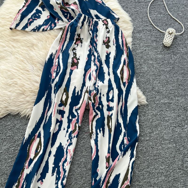 Women's Clothing Two Piece Suit Cross Waist Round Neck Short Sleeves Printed Top High Waist Casual Wide Leg Pants_voghion.com