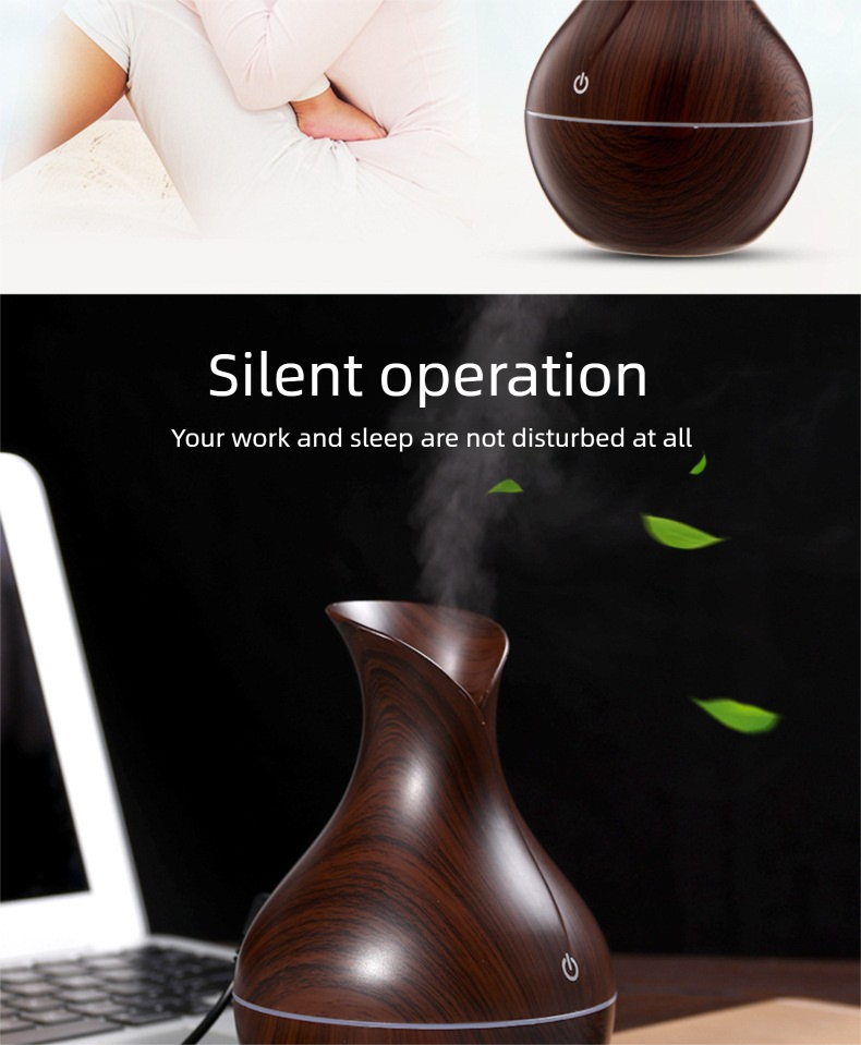 Umidificatore a forma di fungo con venature del legno - Diffusore di aromaterapia USB silenzioso, design creativo a forma di vaso con luce colorata e funzione di olio essenziale_voghion.com