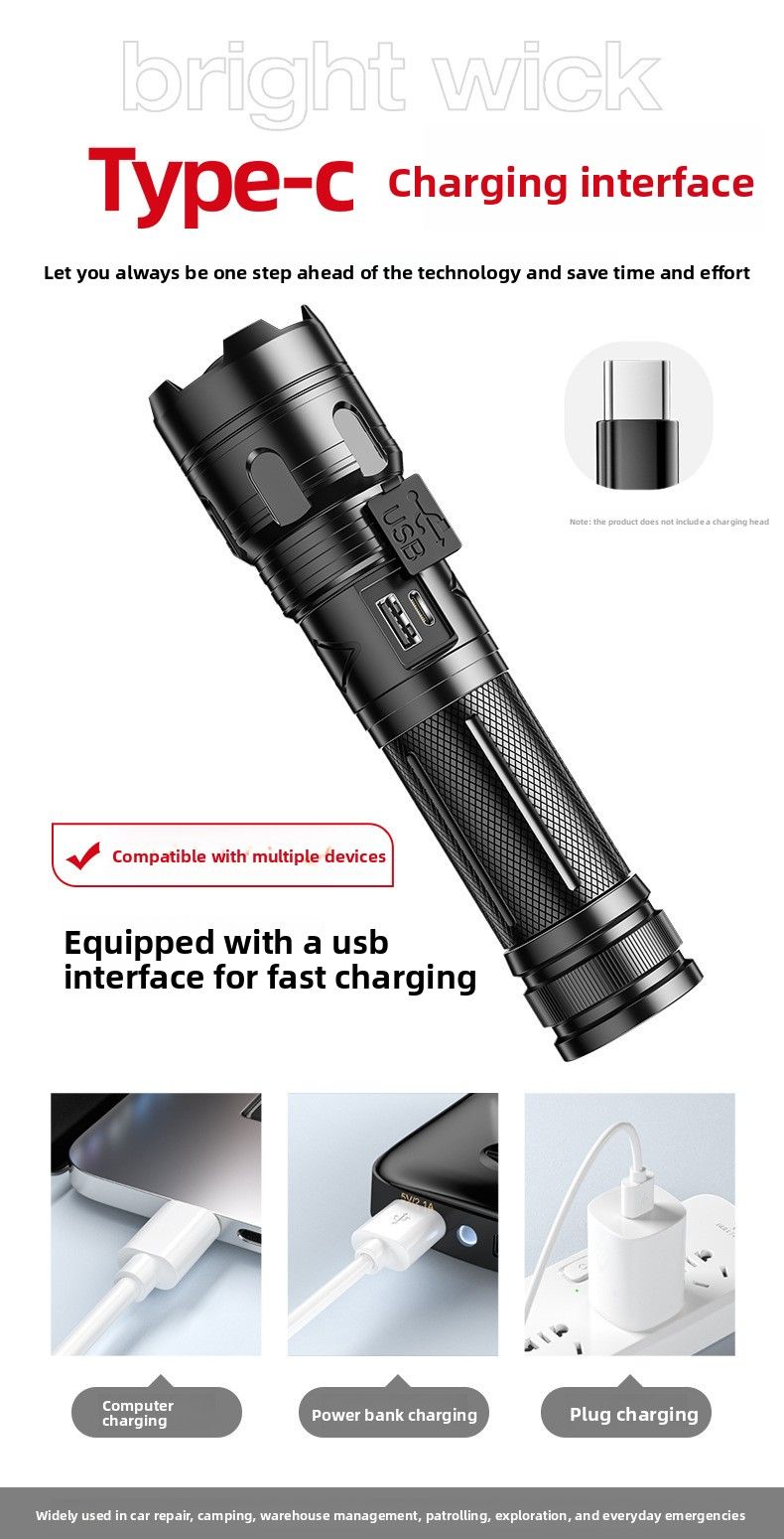 Outdoor-Zoom-Notfall-Taschenlampe mit starkem Licht, tragbar, wiederaufladbar, multifunktional, weißer Laser_voghion.com