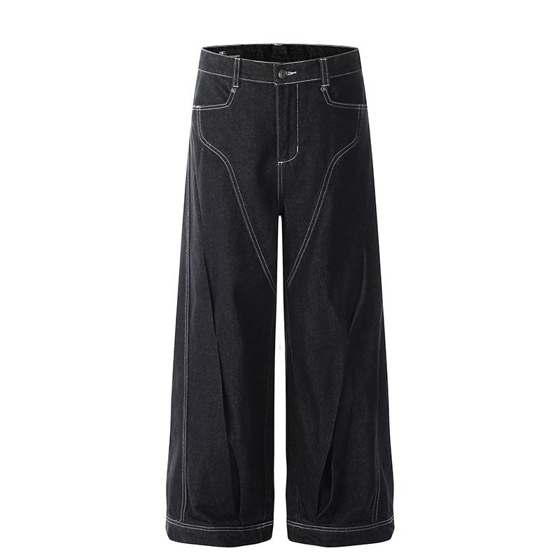 2025 Lässig strukturierter, linearer, plissierter, abgesteppter Schnitt im amerikanischen Stil, Originalfarbe, A-Linie, Scimitar-Jeans, Unisex_voghion.com