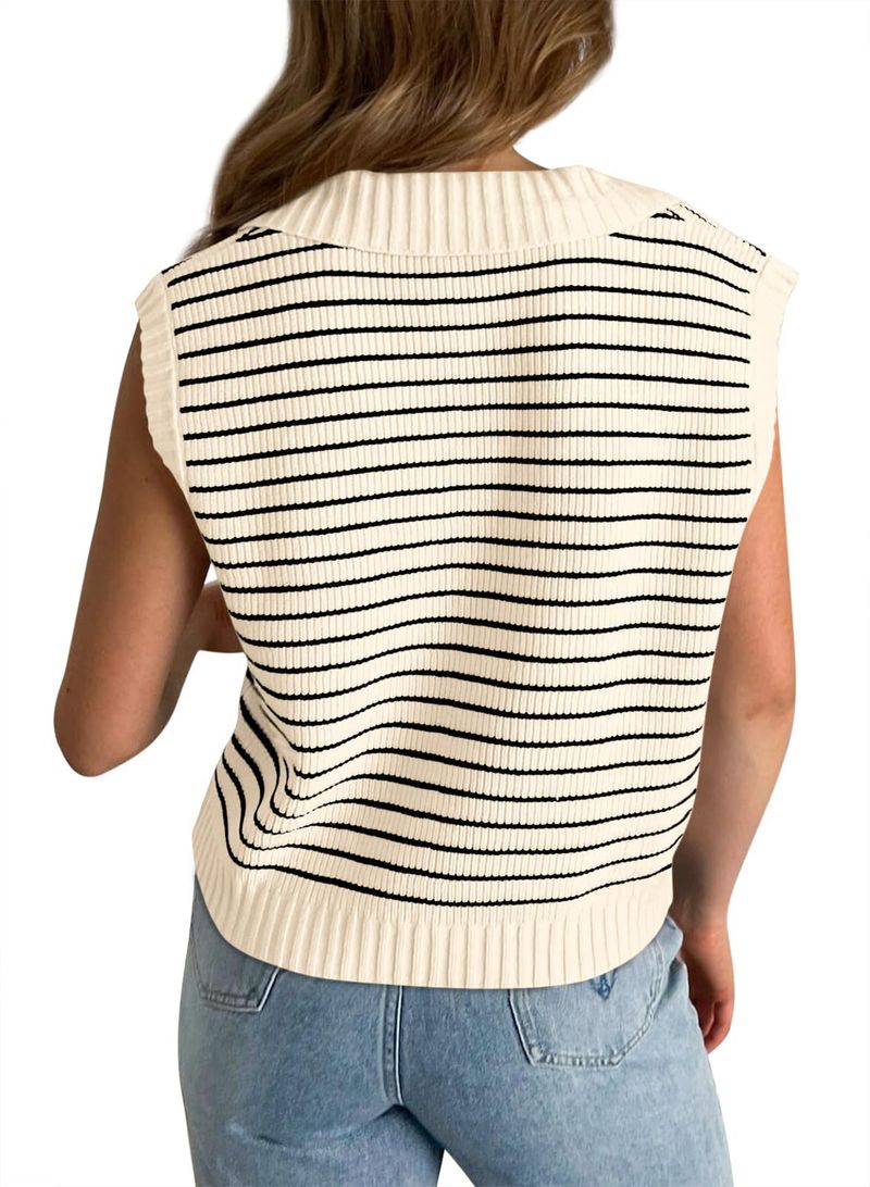Maglia a righe con scollo a V da donna - Maglione pullover a maniche corte in stile francese, vestibilità ampia - T-shirt casual leggera in misto rayon_voghion.com