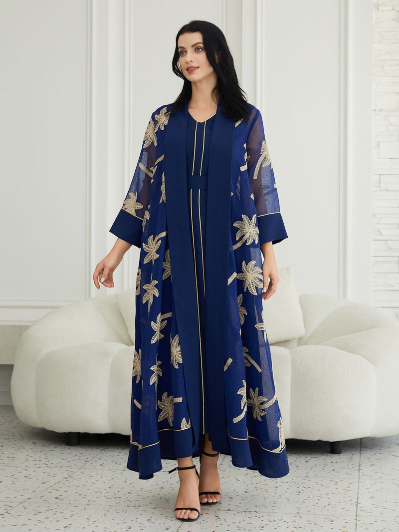 Elegant Embroidered Dubai Abaya Dress With Open Front Cardigan - Modest Muslim Two-Piece Set For Women (Available In Navy Blue & White, Sizes M-XXL)_voghion.com