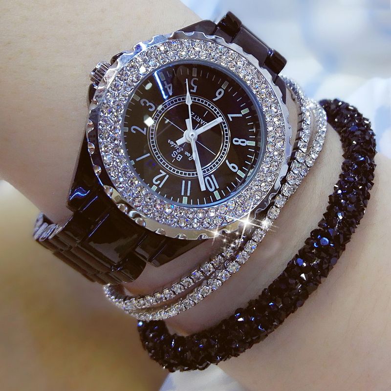 Yamaler elegante diamantes de imitación cerámica banda mujeres redondo analógico cuarzo reloj de pulsera regalo_voghion.com