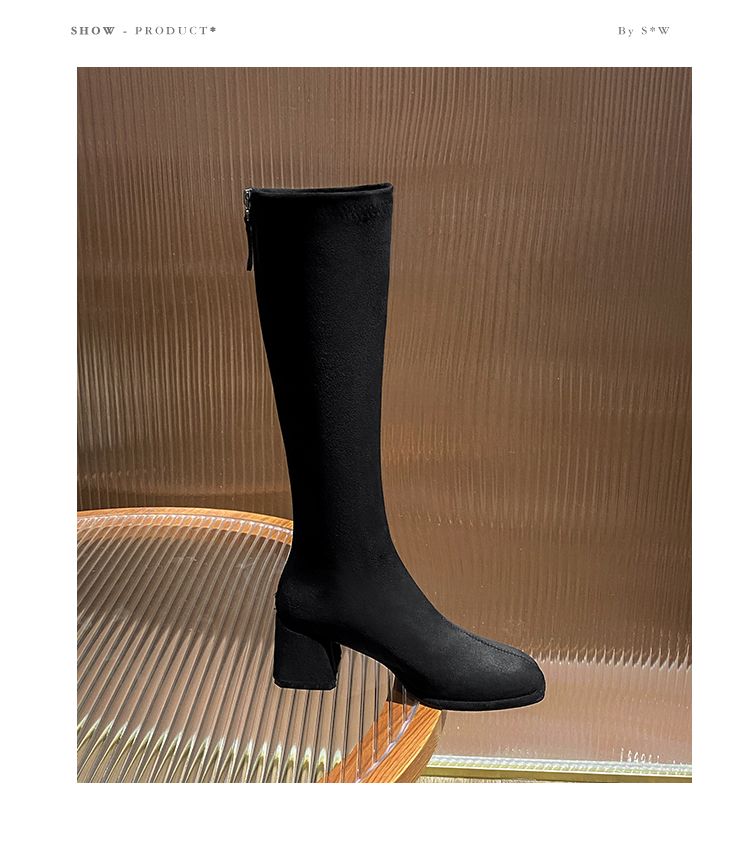 below The Knee Suede High Heel Square Head Shorty Long Boots_voghion.com