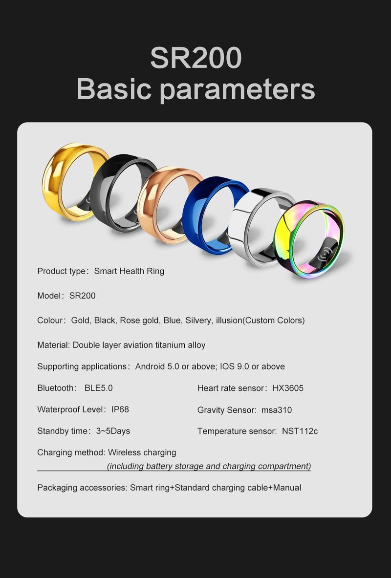 Cross Border Popular SR200 Smart Ring, Bluetooth Ring, Temperature, Heart Rate, Blood Oxygen, Exercise, Sleep Monitoring, Wireless Charging_voghion.com