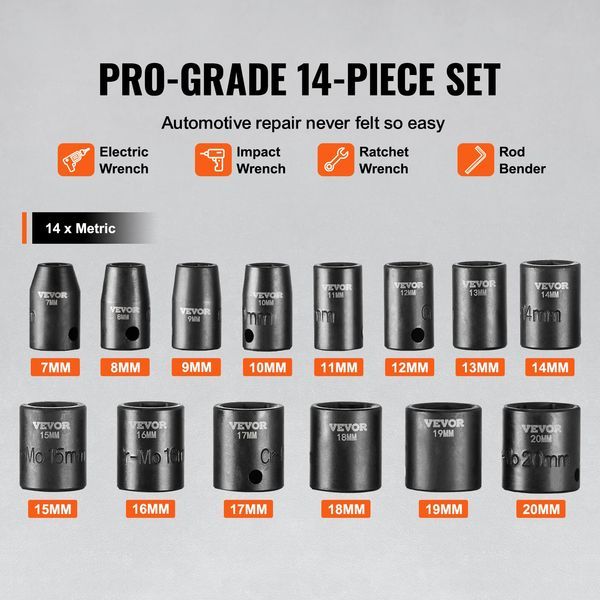 Impact Sockets Set 14pcs 6-Point 3/8in Drive Bit Ratchet Tool Kit Case_voghion.com