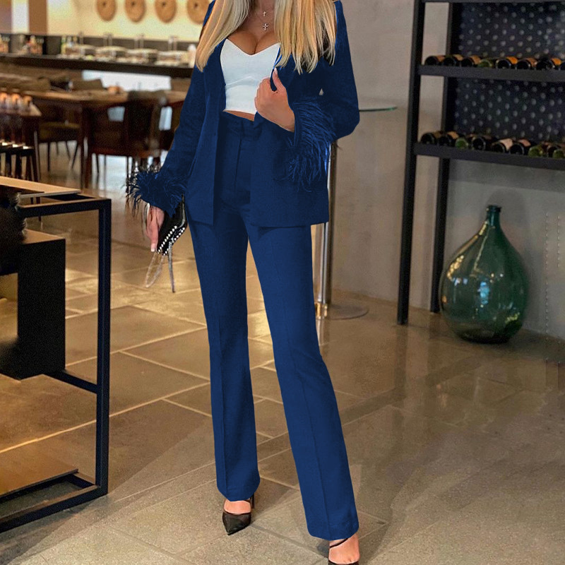 Abbigliamento da donna, moda, pendolarismo, maniche lunghe, pantaloni in piuma, tuta in due pezzi_voghion.com