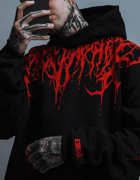 Sudadera con capucha extragrande para hombre con estampado gótico de sangre: estilo urbano de corte europeo, top informal de invierno._voghion.com