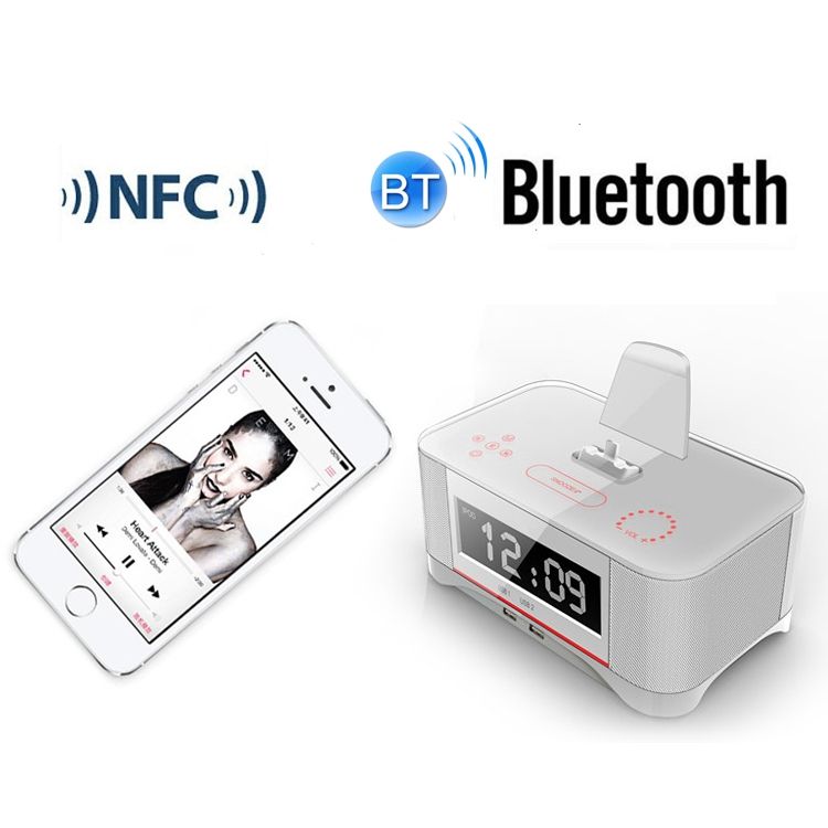 Réveil avec haut-parleur Bluetooth NFC audio de base de chargement A8, spécification : prise américaine (noir)_voghion.com