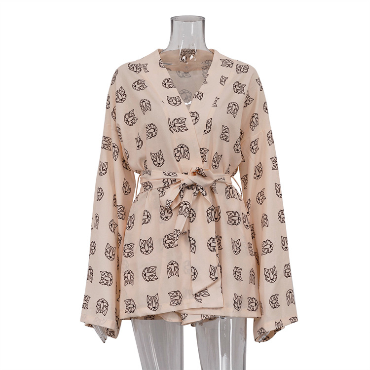 Kadınların gündelik bağcıklı uzun kollu pijama yüksek bel şortları ev kıyafetlerine uygun_voghion.com