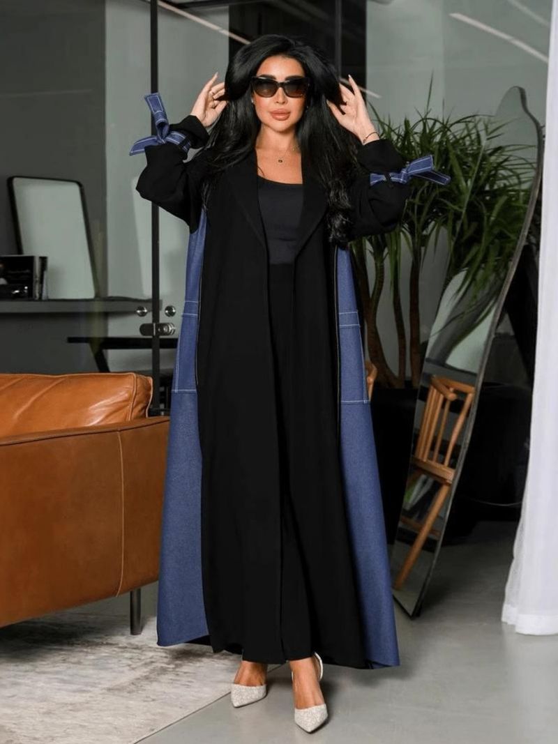 Elegant Muslim Long Open Front Cardigan With Blue Contrast Sleeves & Bow Detail – Modest Loose Fit Cover-Up Abaya For Women_voghion.com