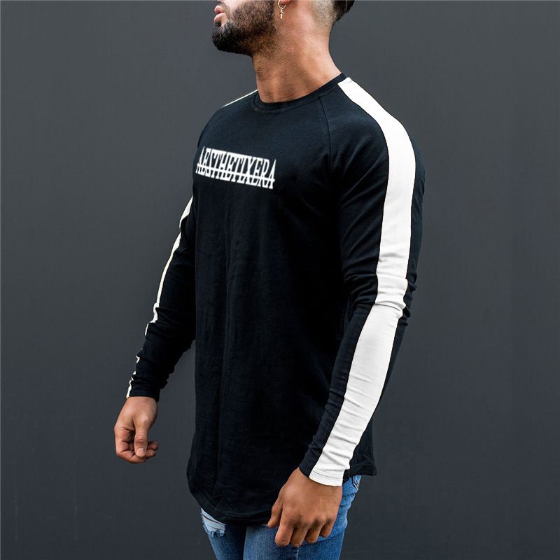 Herren-Fitness-Sport-Langarm-T-Shirt, langes, schmal geschnittenes, farblich passendes Mode-T-Shirt_voghion.com