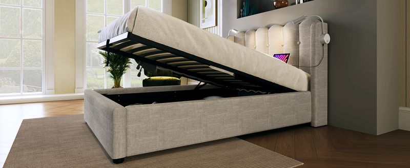 Cadre de lit simple rembourré avec liseuse, fonction de charge, rangement pour la tête de lit, lit enfant en lin 90 x 200 cm avec sommier à lattes (matelas non inclus, coloris naturel)_voghion.com