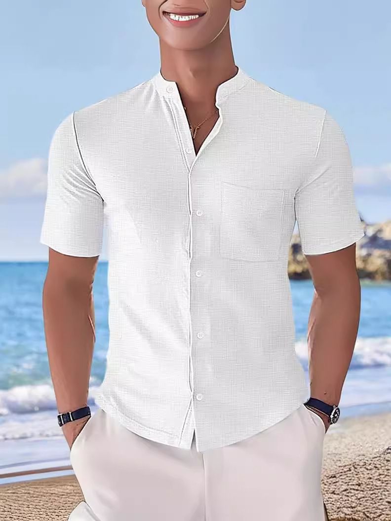 Unschlagbare Qualität, neues Sommerhemd für Herren in Übergröße, einfarbiges Kurzarmhemd mit Henry-Kragen für Jugendliche_voghion.com
