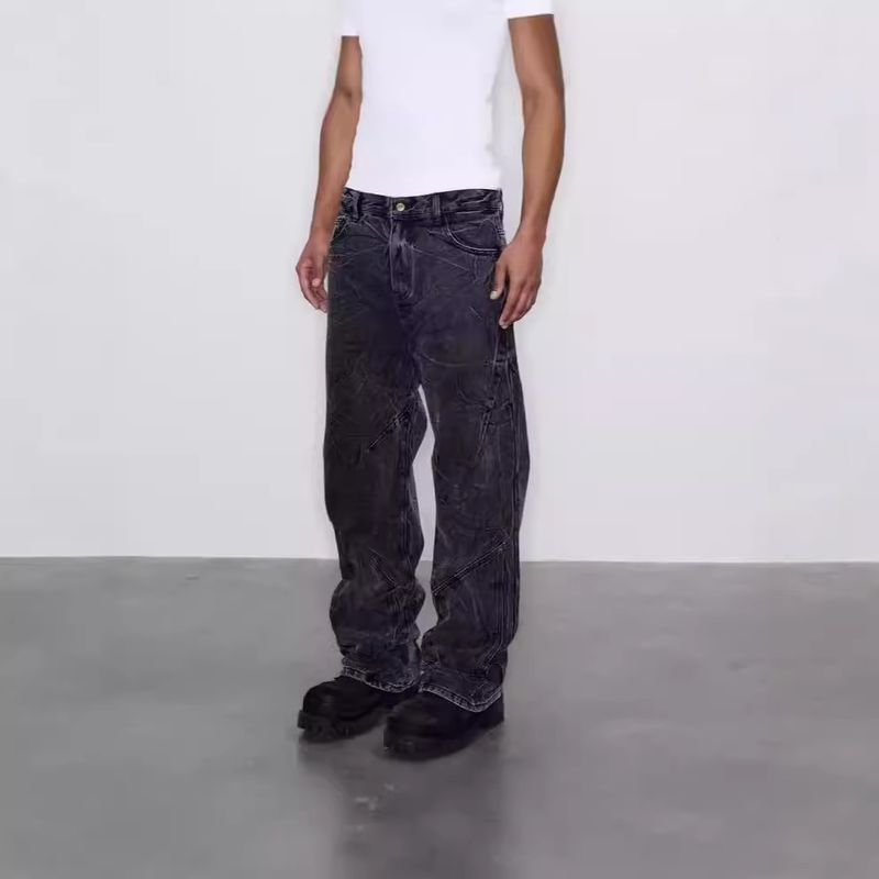Abbigliamento maschile Jeans lavati Cleanfit Retro Snowflake per uomo Pantaloni dritti con pieghe ondulate e rovinate, resistenti e usurati_voghion.com