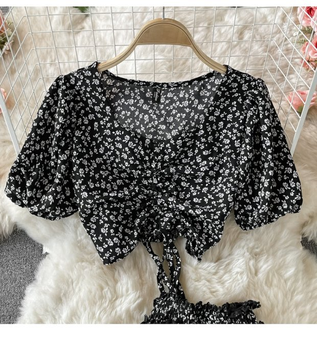 Gonna a trapezio con vita alta da donna, gonna floreale fresca, abito due pezzi, camicia corta in chiffon, estate_voghion.com