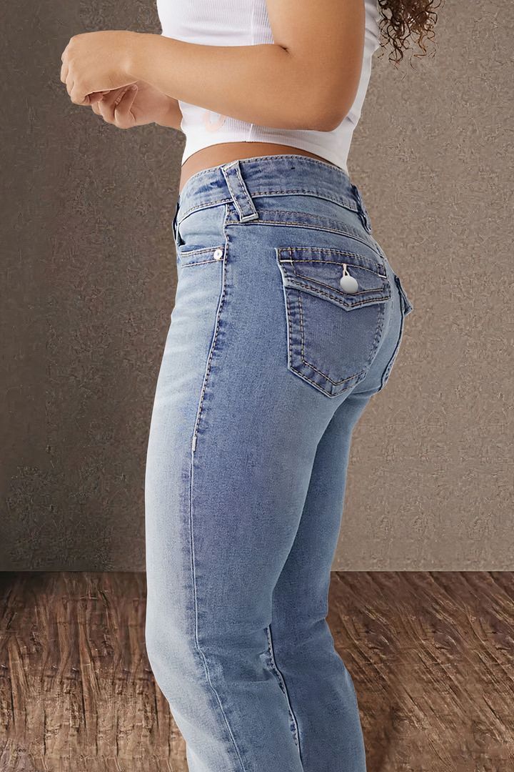 Double Button Mid Waist Straight Jeans Women's Slim Temperament Pants_voghion.com