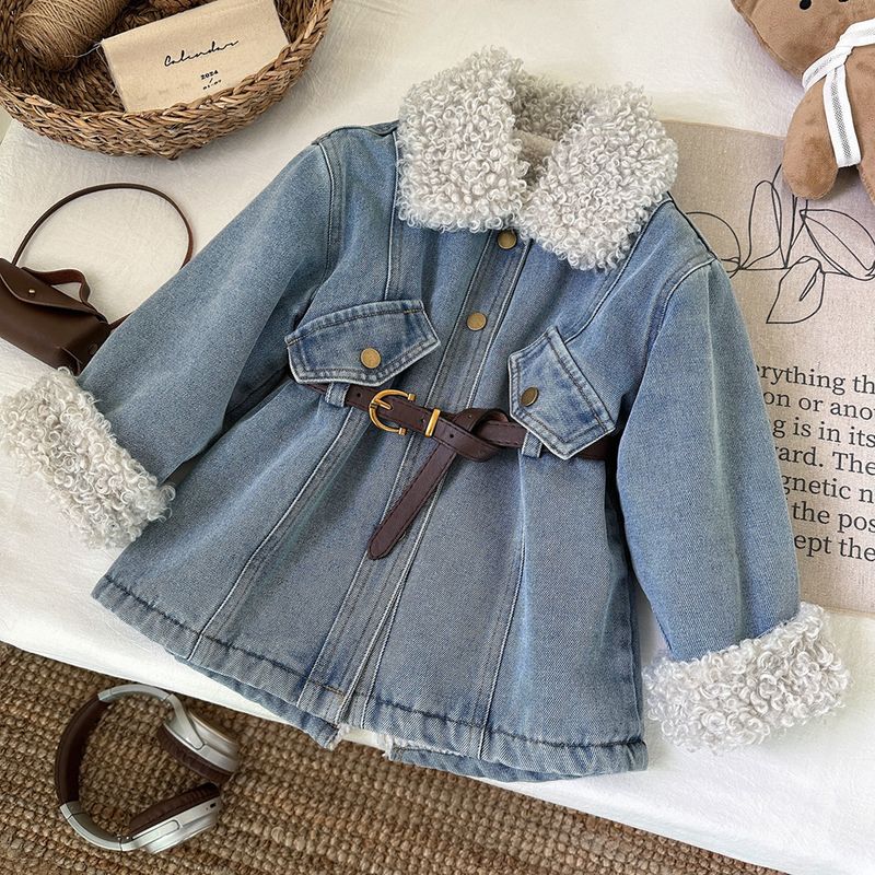 Giacca in morbido denim foderata in pile per bambine - Caldo cappotto invernale lungo con cintura staccabile, stile coreano alla moda per bambini piccoli e ragazzi (3-8 anni)_voghion.com