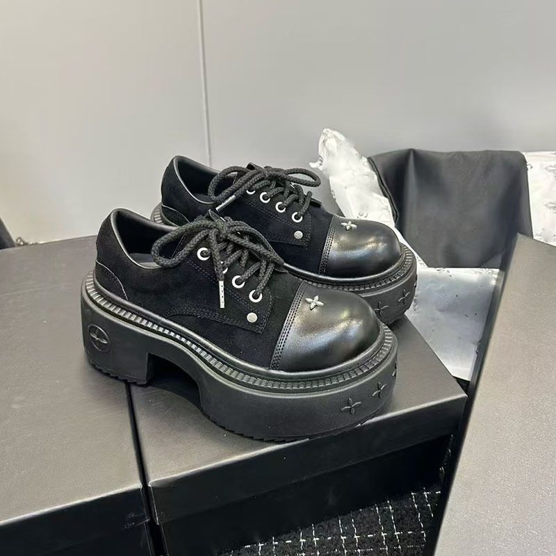 Su Yinyin 7 cm runde Zehenpartie aus Segeltuch für Damen SMFK Cross Dicke Sohle für kleine Menschen Panda Big Head Derby-Schuhe_voghion.com